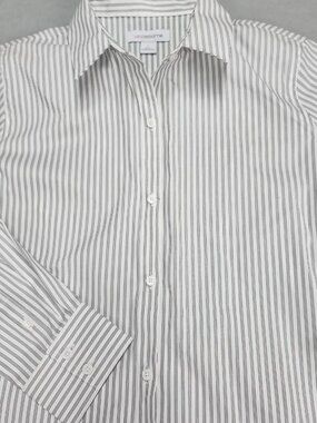 Liz Claiborne Womens L Button Down Shirt White Black Striped Wrinkle Free